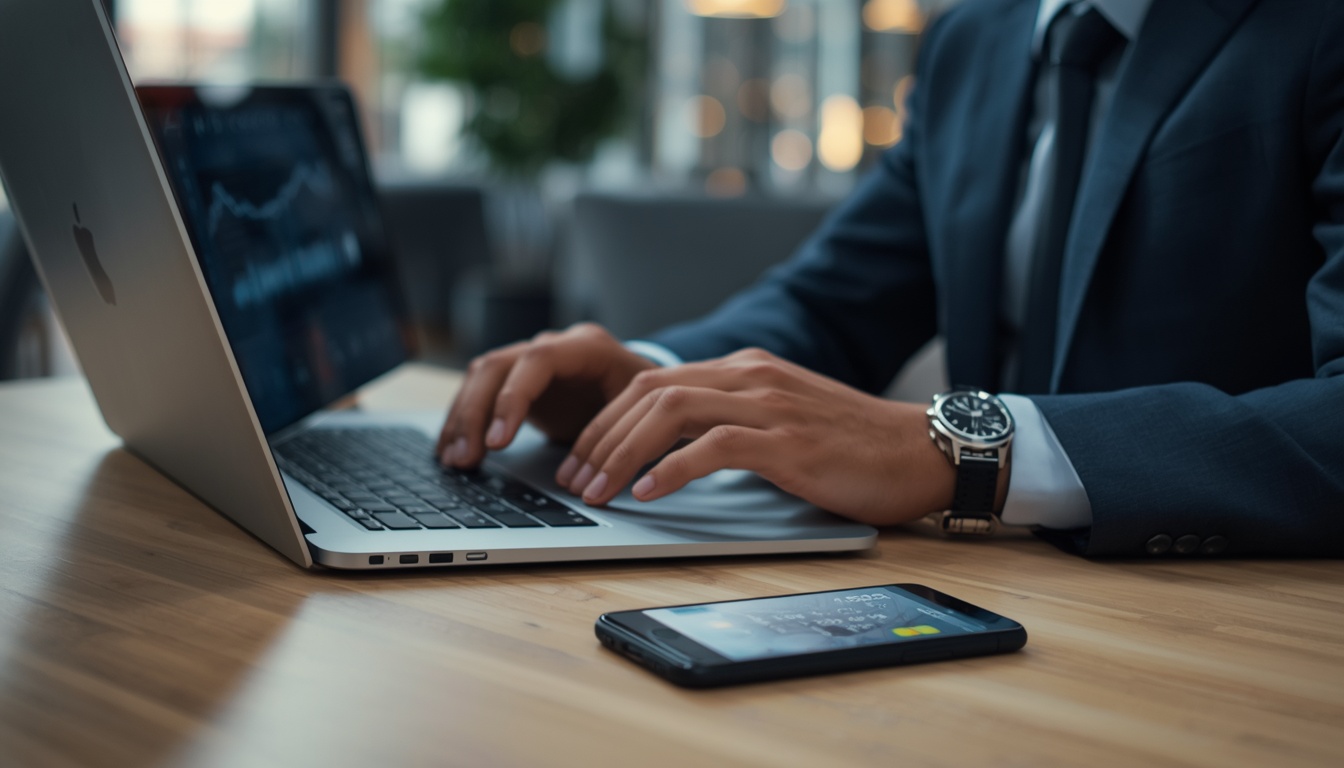 Homem de terno digitando no notebook com foco em suas mãos, com um smartphone descansando na mesa ao lado.