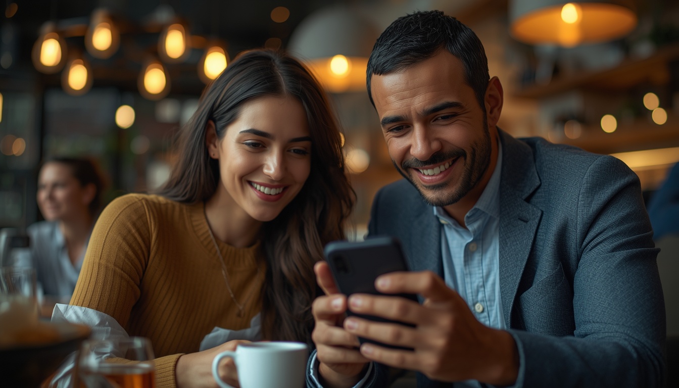 Casal sorrindo em um café enquanto olham juntos para a tela de um smartphone.