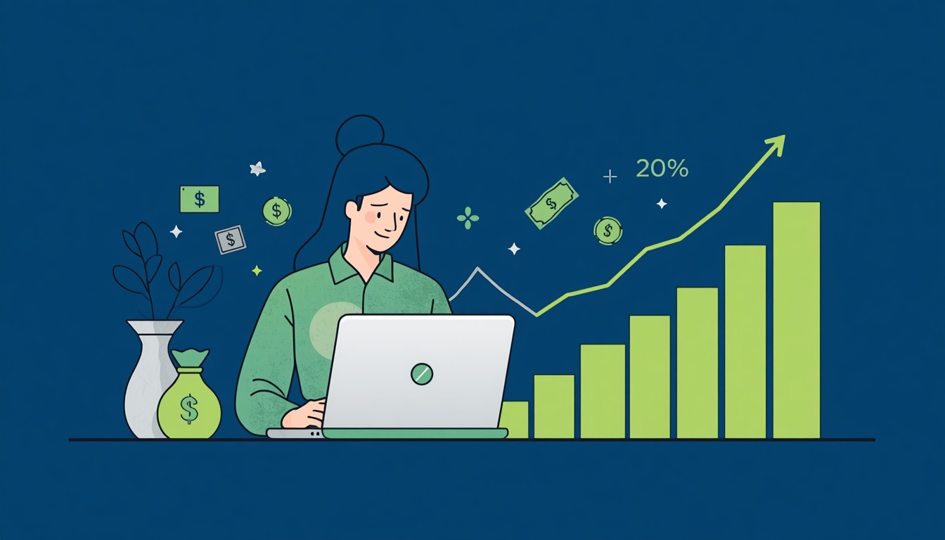 Ilustração em fundo verde e azul de uma pessoa usando notebook com um gráfico de crescimento financeiro e moedas flutuando.