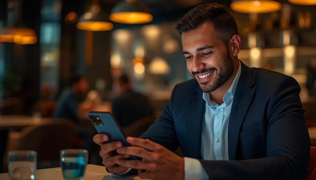 Homem de terno sorrindo de perfil em um restaurante enquanto mexe no smartphone.