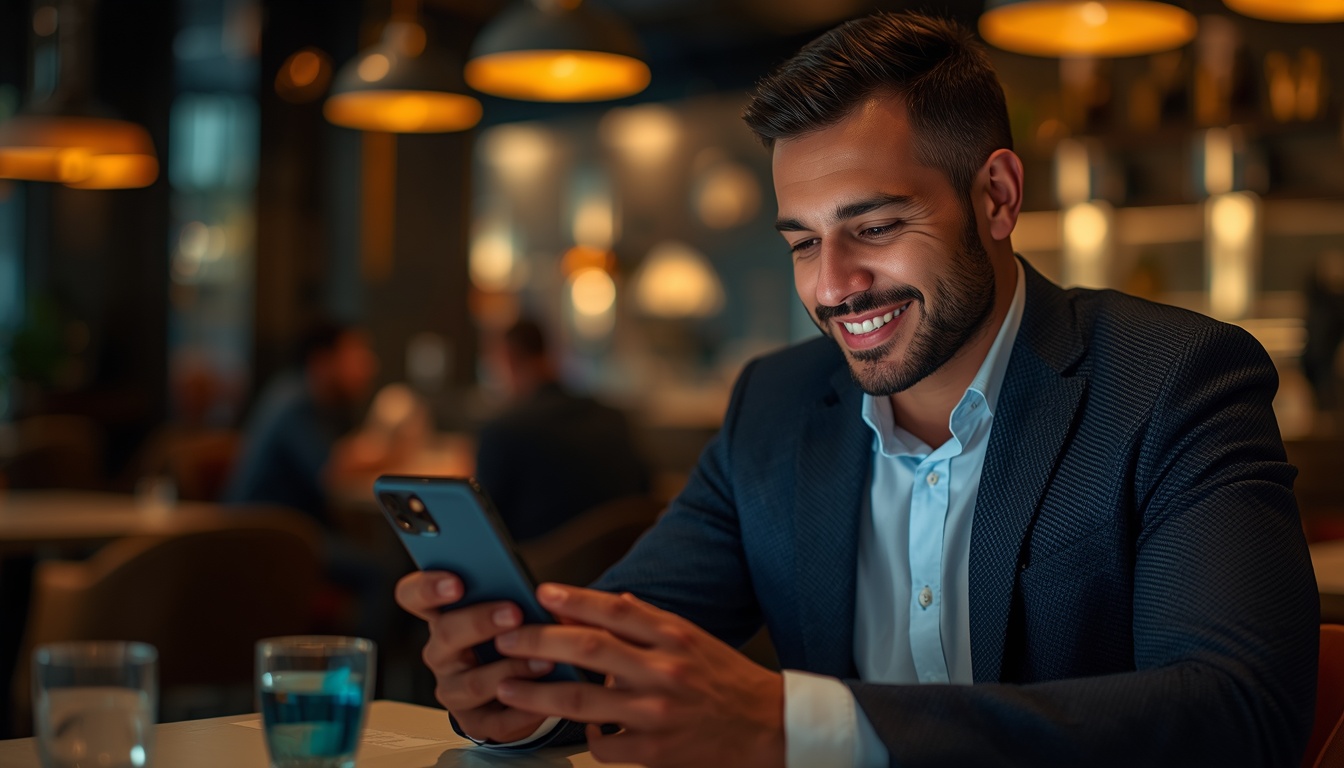 Homem de terno sorrindo de perfil em um restaurante enquanto mexe no smartphone.