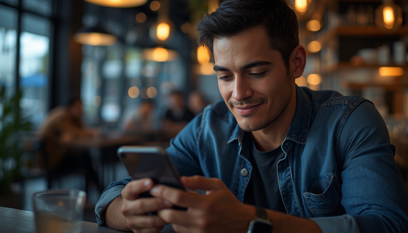 Homem em um café prestando atenção na tela do seu celular.