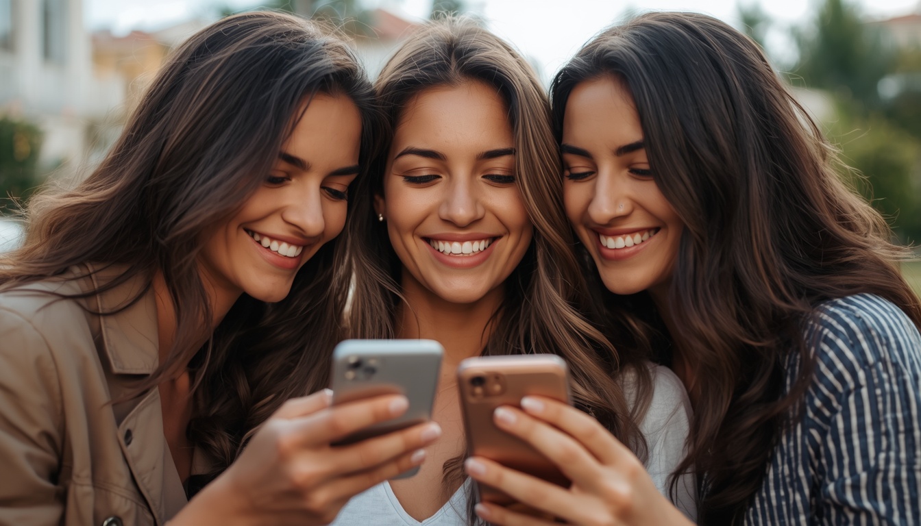 Grupo de três amigas sorridentes reunidas e olhando atentamente para as telas de seus celulares.