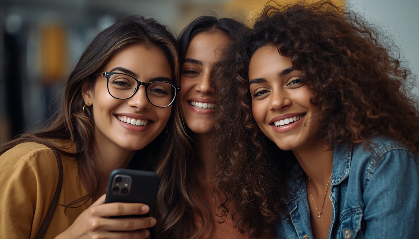 Três mulheres jovens sorrindo juntas enquanto olham para a tela de um celular, tirando uma foto.