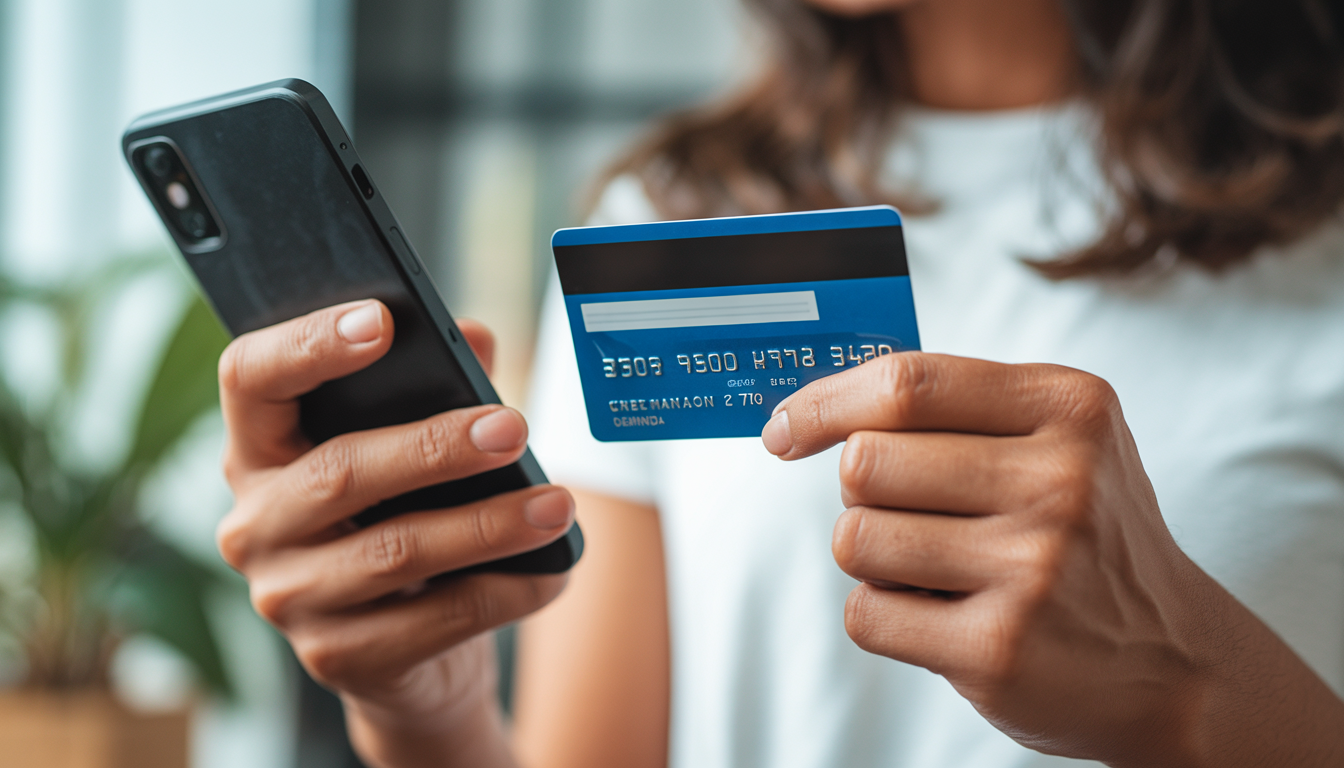 Foco aproximado em uma pessoa segurando um cartão de crédito azul com tarja magnética e um celular preto.