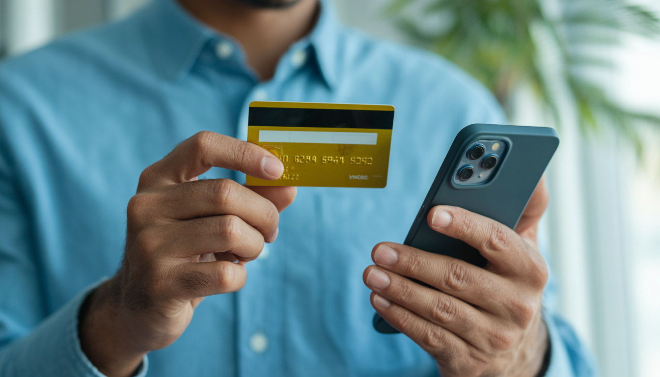 Homem vestindo camisa azul segurando um cartão de crédito dourado e um smartphone.