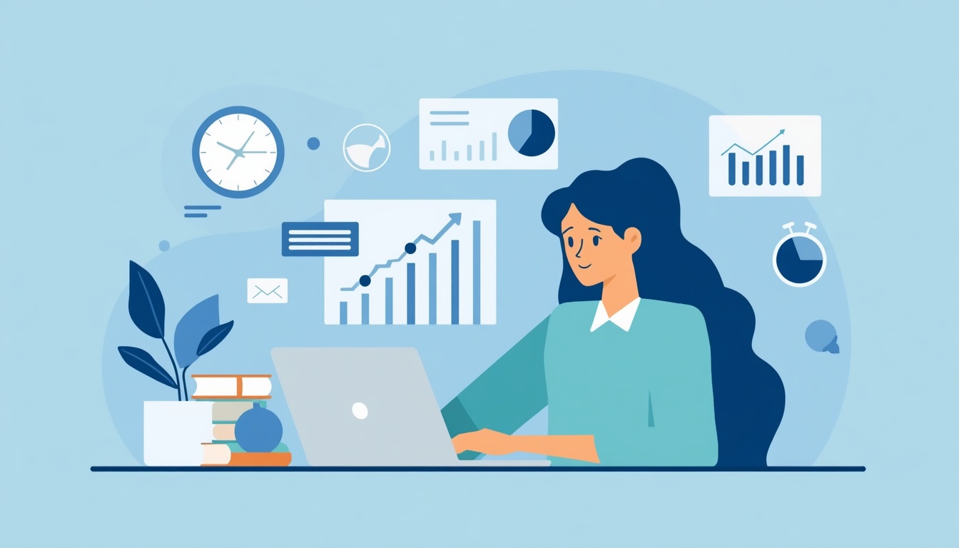 Ilustração de uma mulher operando um computador com gráficos de linha ascendentes, tabelas e um grande relógio ao fundo, simbolizando gestão de tempo e investimentos.