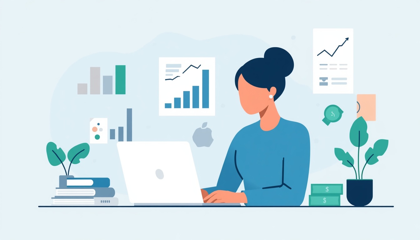 Ilustração de uma mulher trabalhando em um notebook com gráficos de crescimento financeiro e uma pilha de livros ao fundo, em um cenário de escritório minimalista azul.