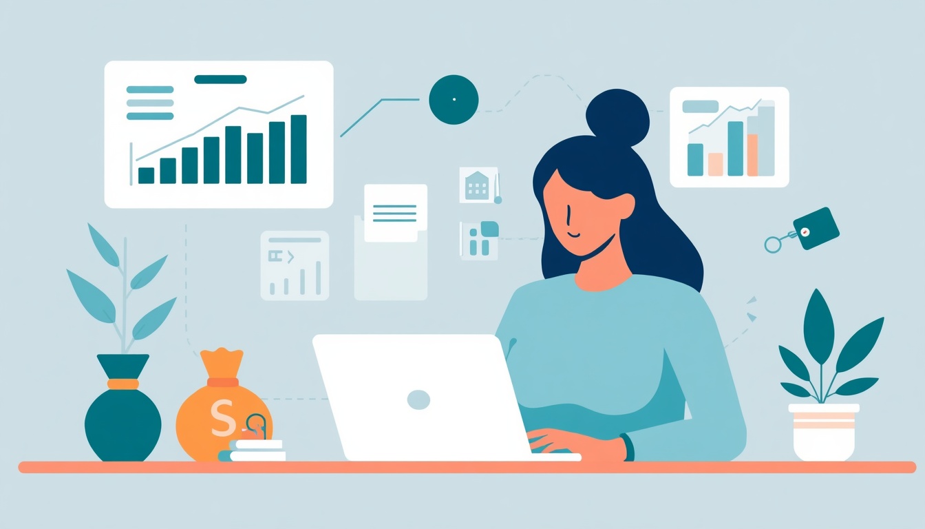 Ilustração em tons de azul de uma mulher sentada à mesa usando um notebook, cercada por gráficos financeiros, relatórios e um saco de dinheiro com o símbolo do cifrão ao lado.
