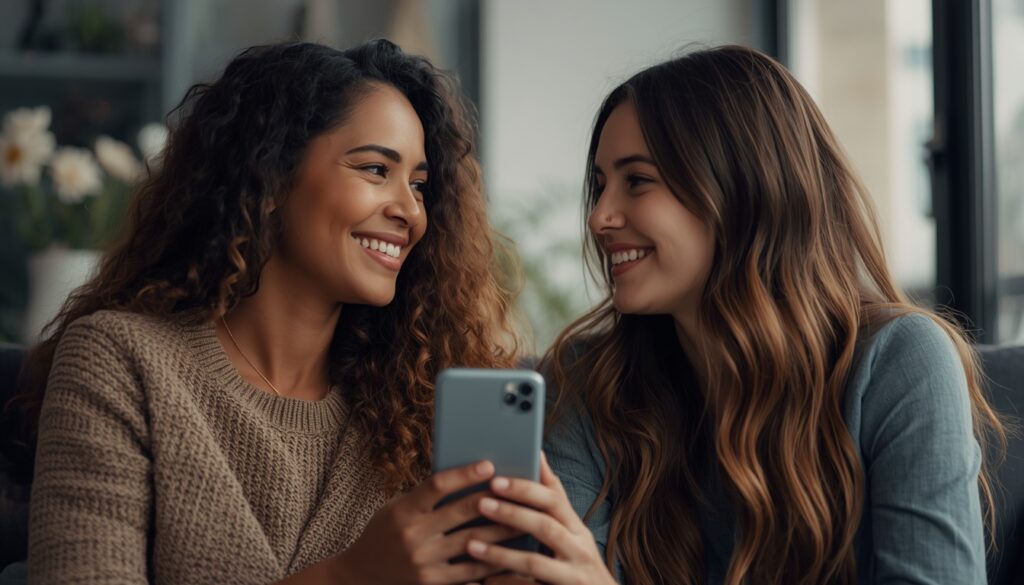 Duas mulheres conversando de forma descontraída em um ambiente iluminado, uma delas segurando um celular.