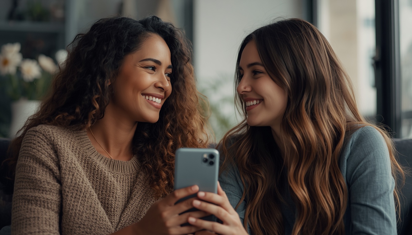 Duas mulheres conversando de forma descontraída em um ambiente iluminado, uma delas segurando um celular.