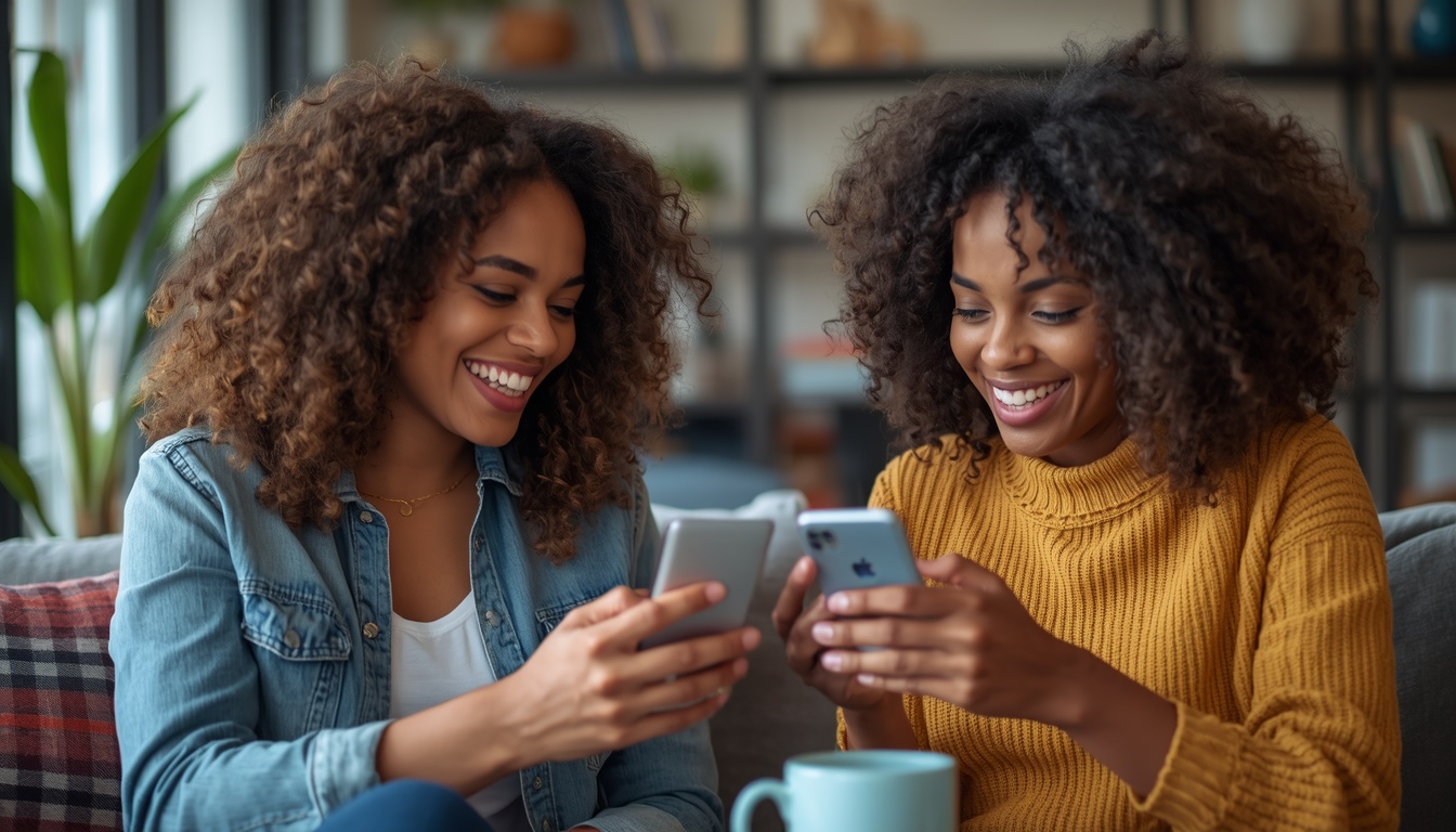 Duas mulheres sorrindo em um café enquanto usam e compartilham conteúdos em seus smartphones.