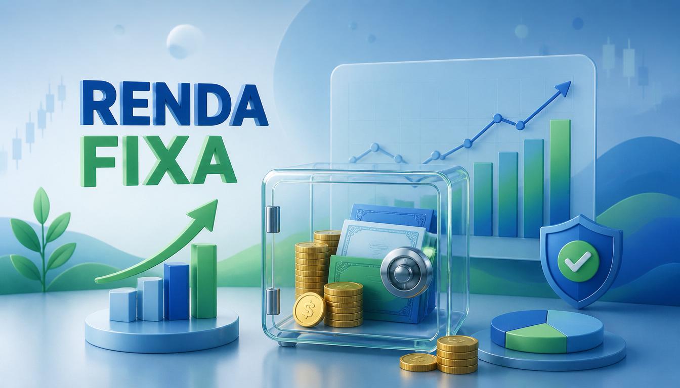 Cofre transparente com moedas de ouro empilhadas e cédulas de dinheiro, ao lado de um gráfico impresso.