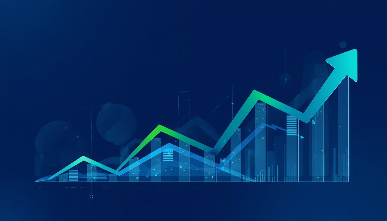 Gráfico de linhas financeiras brilhantes em tons de verde e azul sobre um fundo escuro digital.