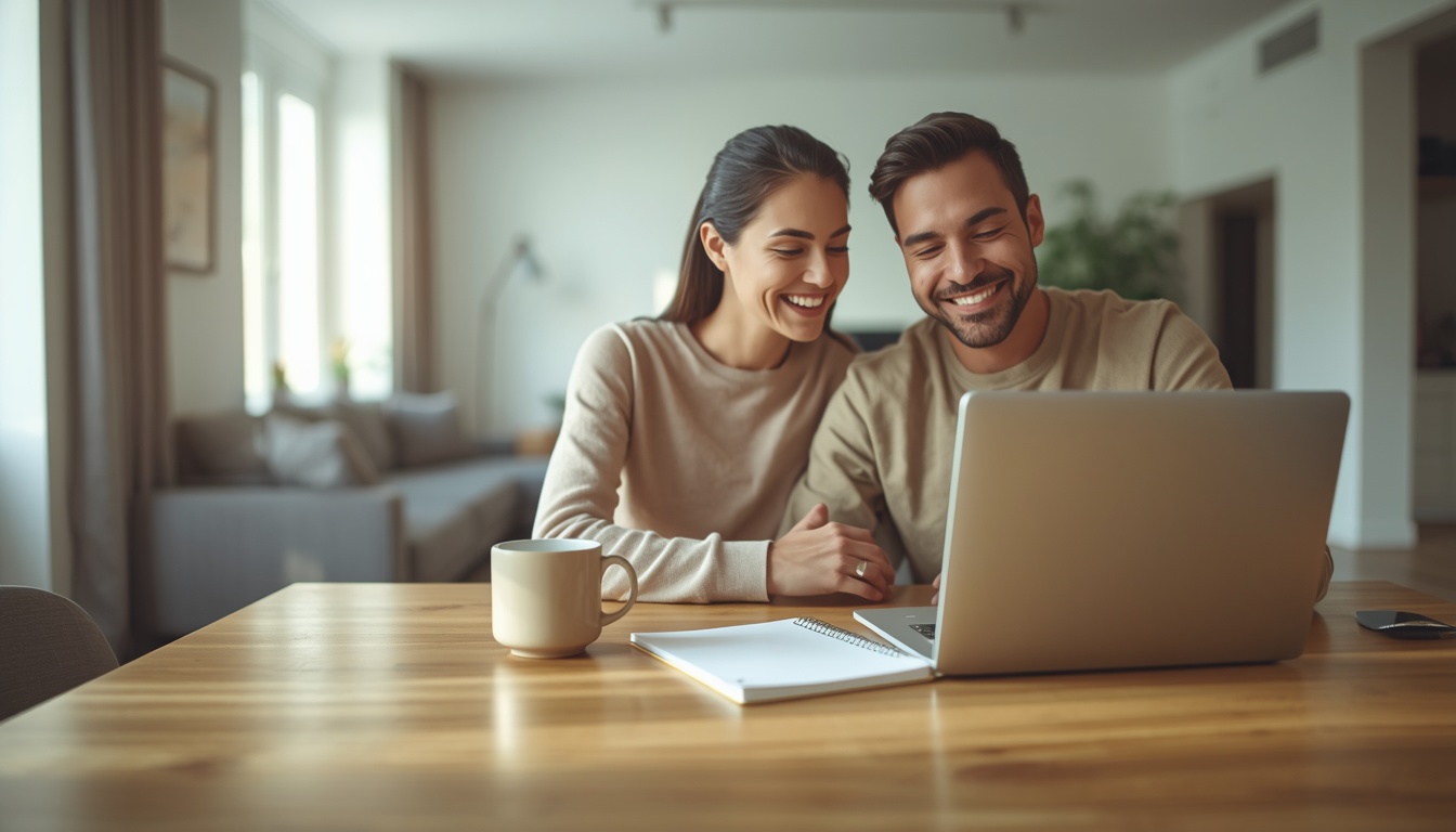 Casal sorrindo na mesa de jantar enquanto analisam e conversam olhando para a tela de um notebook.