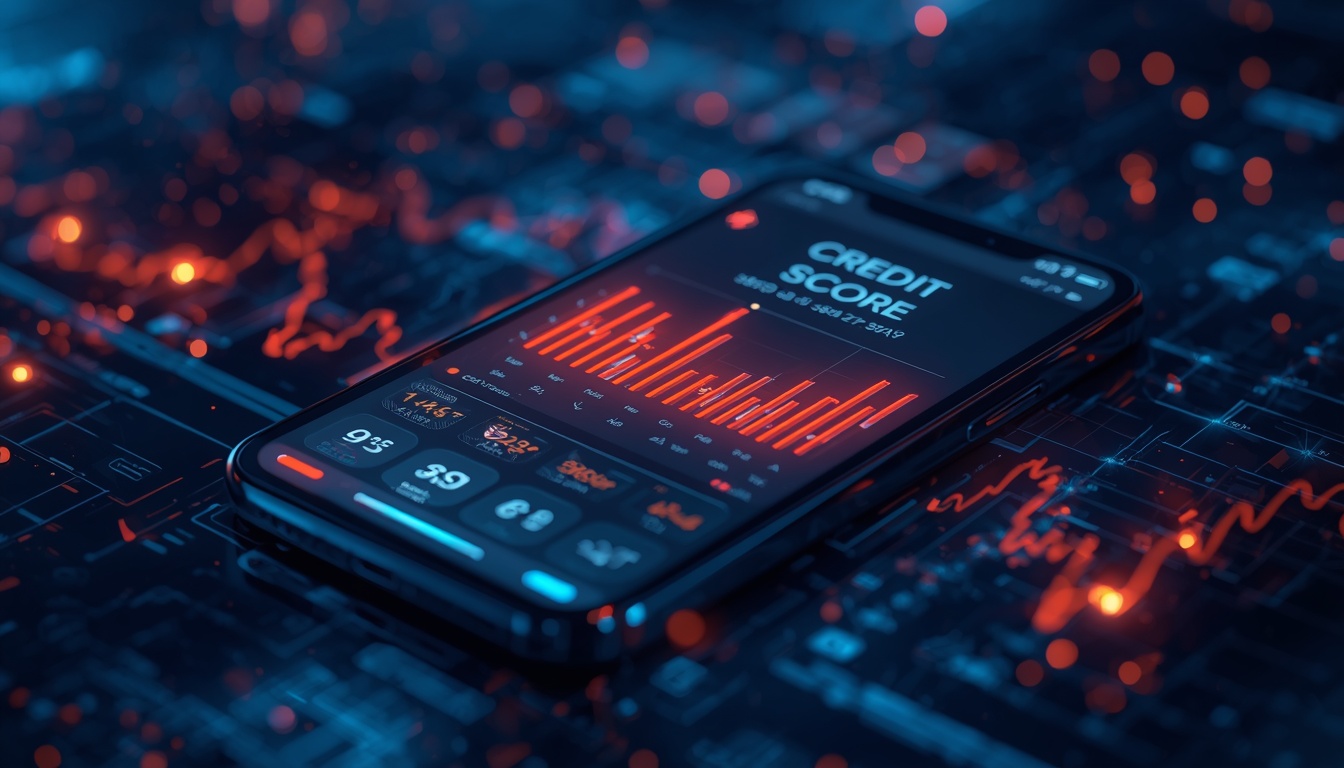 Tela de smartphone exibindo um gráfico de Score de Crédito e finanças em um fundo escuro tecnológico.