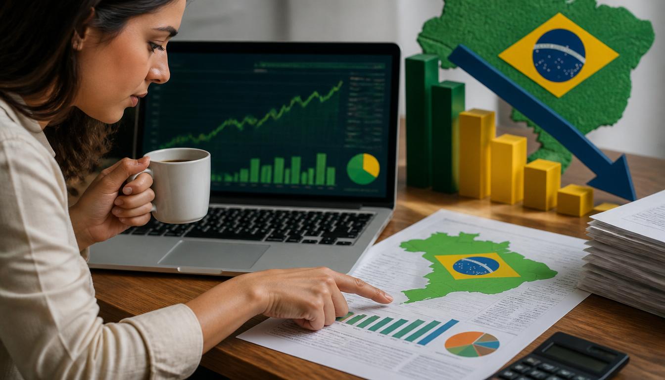 Mulher no computador, tomando café e olhando as finanças e gráficos da economia Brasileira.