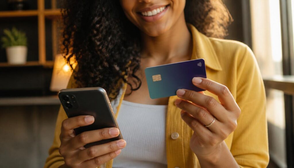 Mulher sorrindo de perto enquanto segura um smartphone e mostra um cartão de crédito azul escuro.