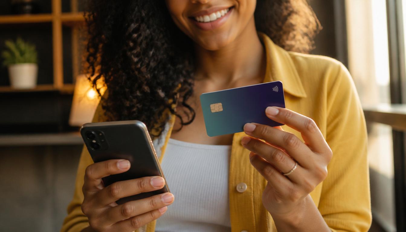 Mulher sorrindo de perto enquanto segura um smartphone e mostra um cartão de crédito azul escuro.