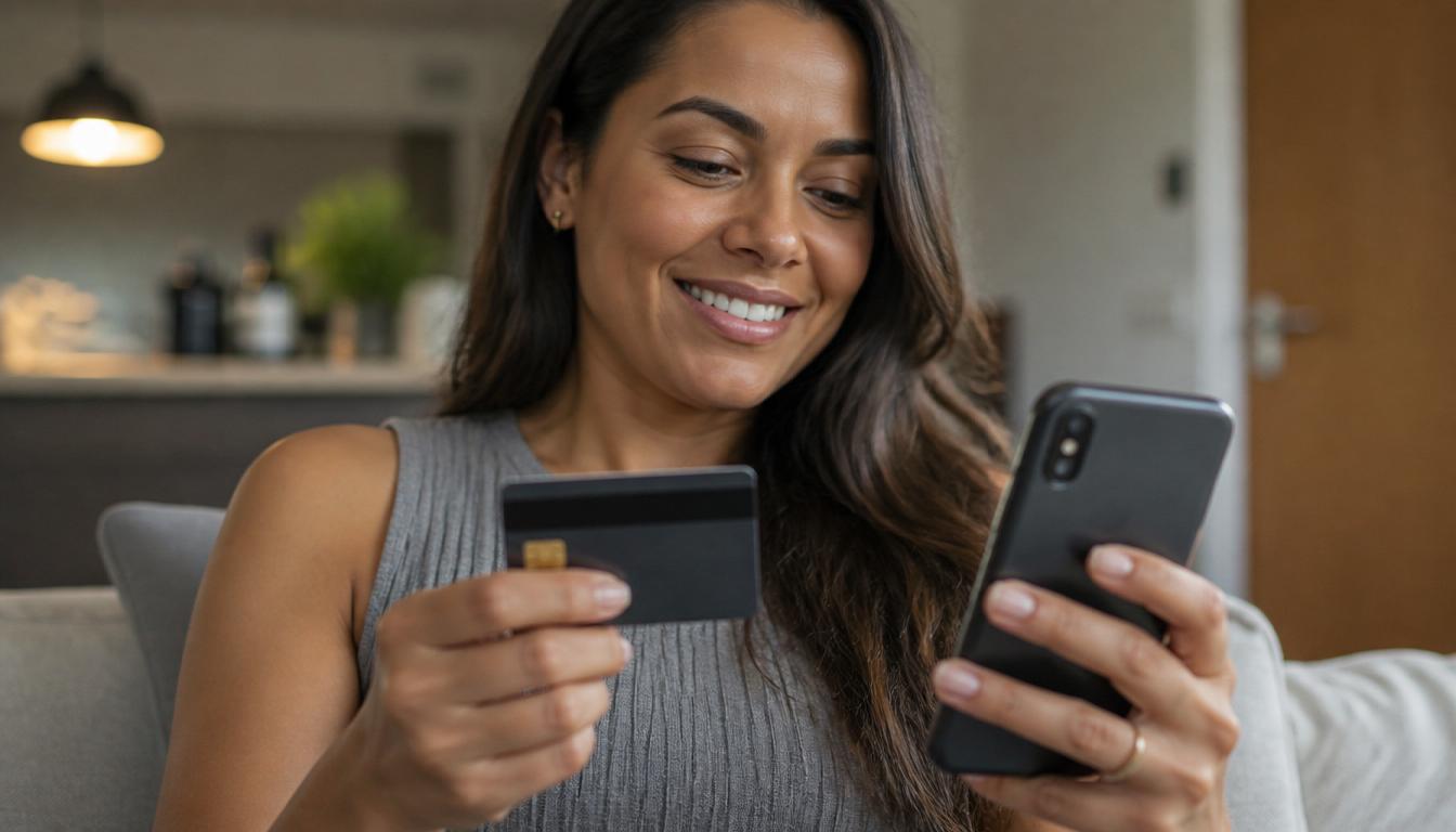 Mulher sorridente olhando para um cartão de crédito preto enquanto segura seu smartphone.
