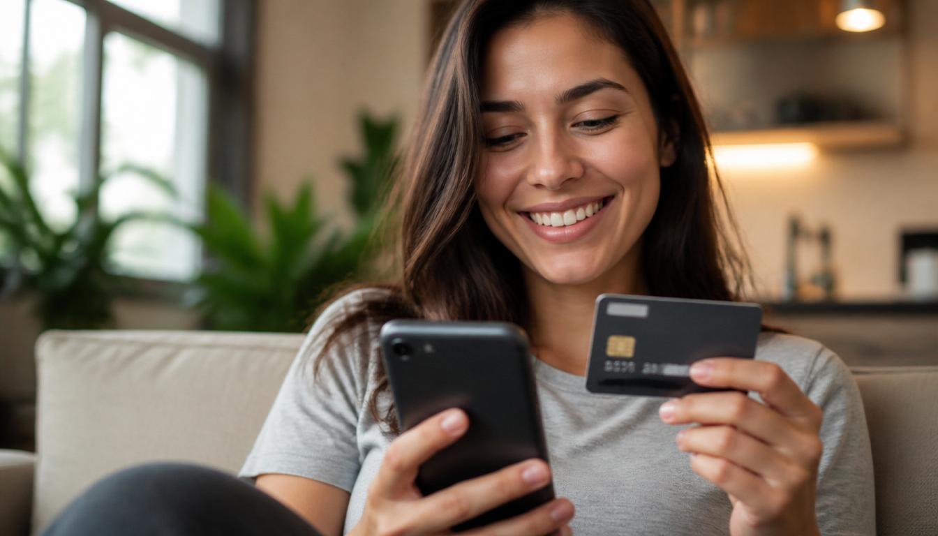 Mulher sorrindo enquanto usa o celular em uma mão e segura um cartão de crédito preto na outra.