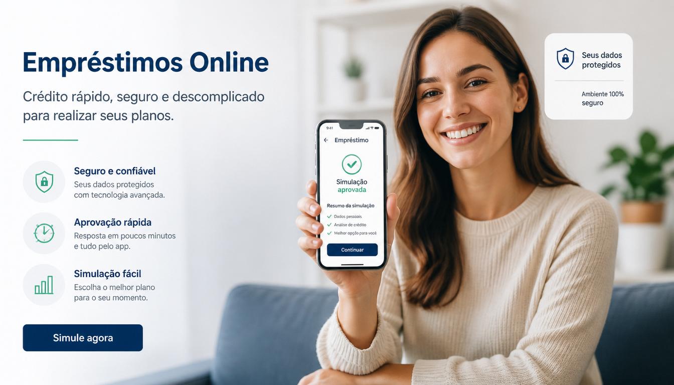 Mulher de cabelos castanho e camisa clara sorrindo e segurando um smartphone que exibe um aplicativo com o símbolo de verificado verde.