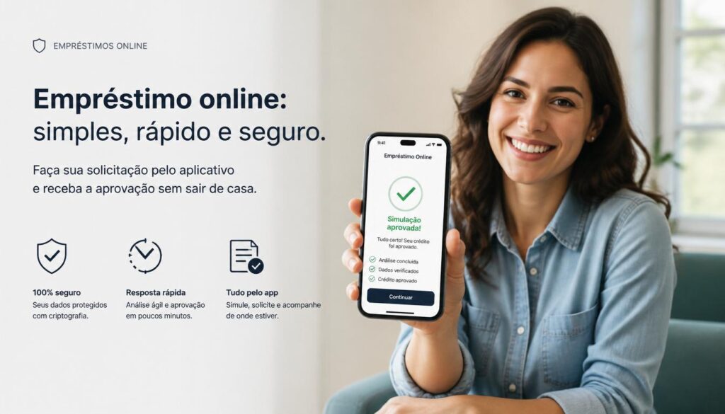 Mulher de cabelos escuros sorrindo e segurando um smartphone que exibe um aplicativo com o símbolo de verificado verde.