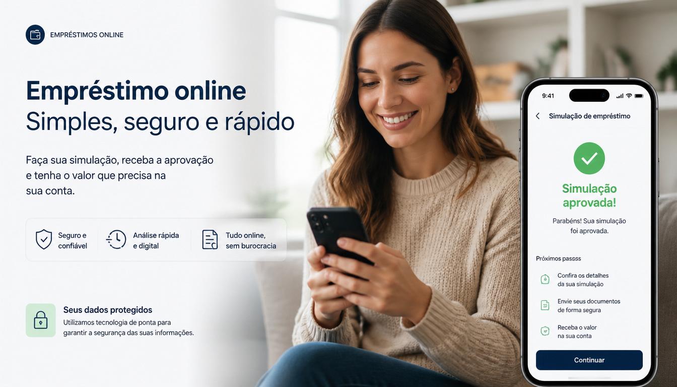 Mulher sorrindo e olhando para o celular sentada em um ambiente interno claro com textos institucionais ao fundo.