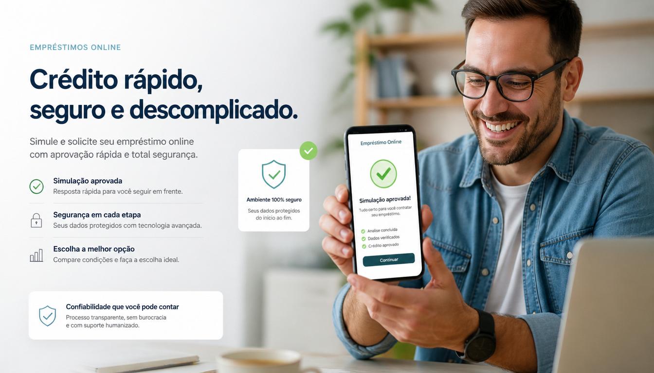 Homem sorrindo e segurando um celular virado para a frente, mostrando a tela de um aplicativo com selo de segurança.