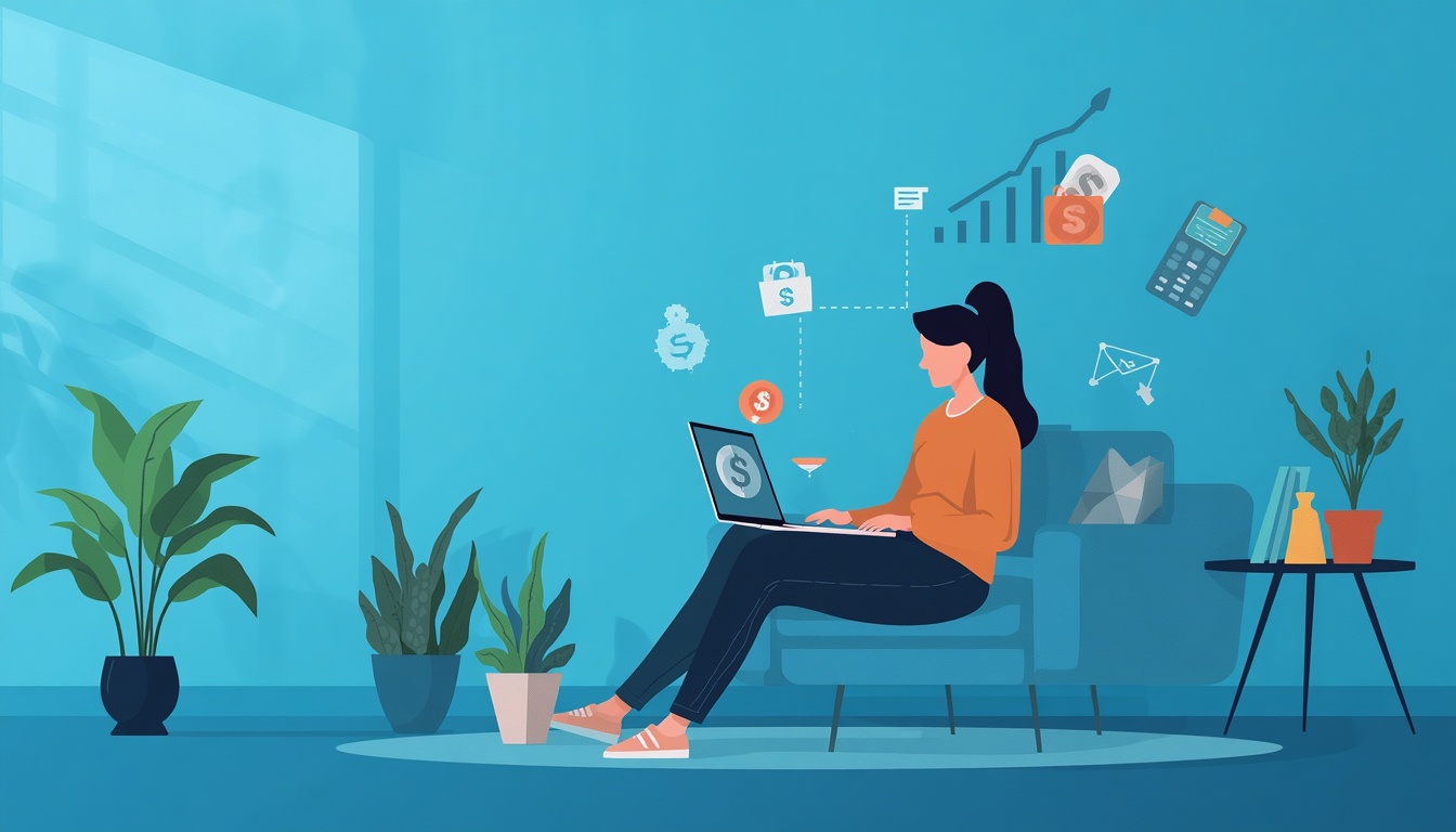 Ilustração vetorial em estilo plano com fundo azul de uma mulher sentada em uma poltrona usando um notebook, cercada por plantas decorativas e ícones flutuantes de moedas, gráficos financeiros e calculadora.