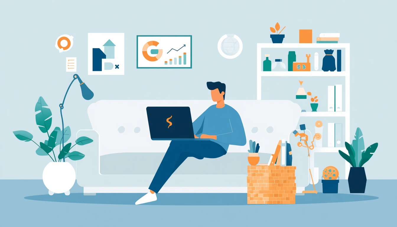 Ilustração vetorial em estilo plano de um homem sentado em um sofá usando um notebook, em um ambiente com plantas, estante de livros e quadros com gráficos financeiros na parede.