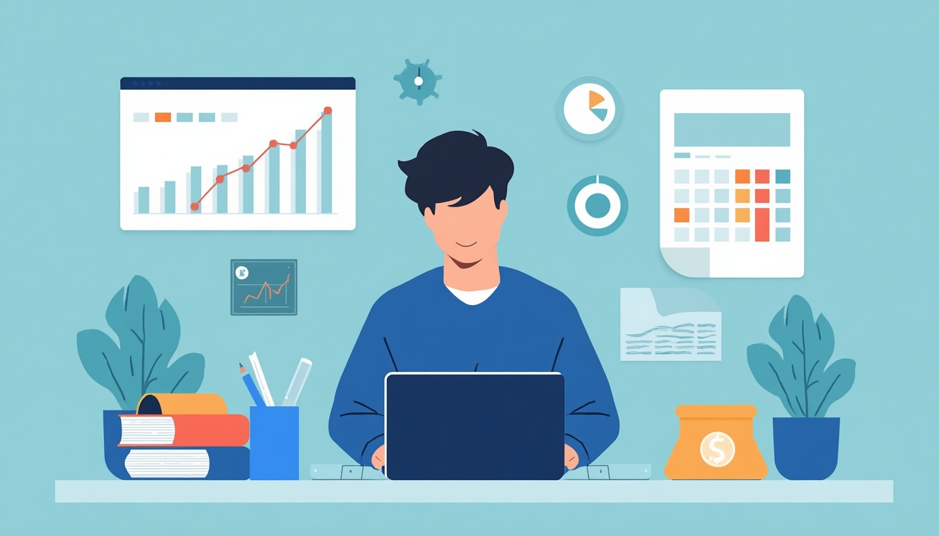 Ilustração de um homem focado trabalhando no notebook com elementos financeiros flutuantes, como moedas, gráficos circulares, calculadora e planilhas de gastos.