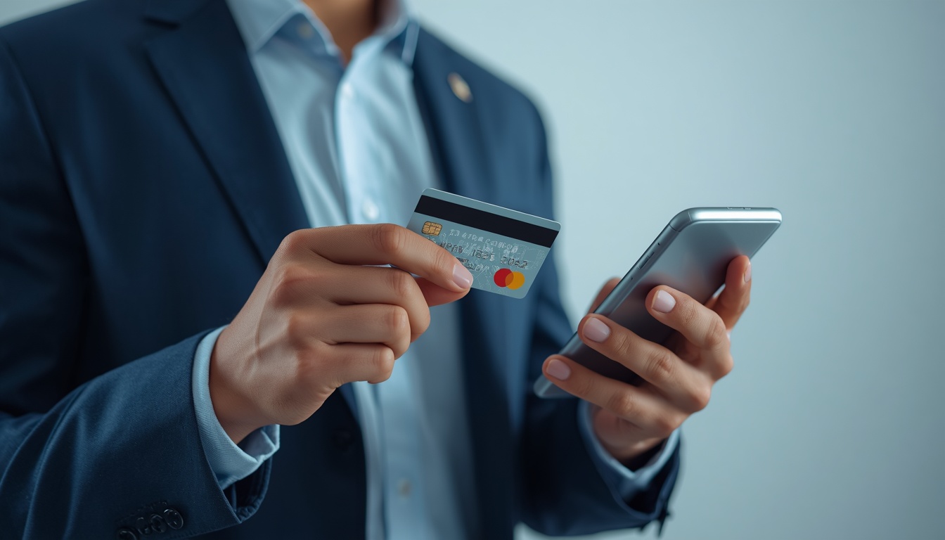 Homem de terno segurando um cartão de crédito com chip visível em uma mão e um celular na outra.