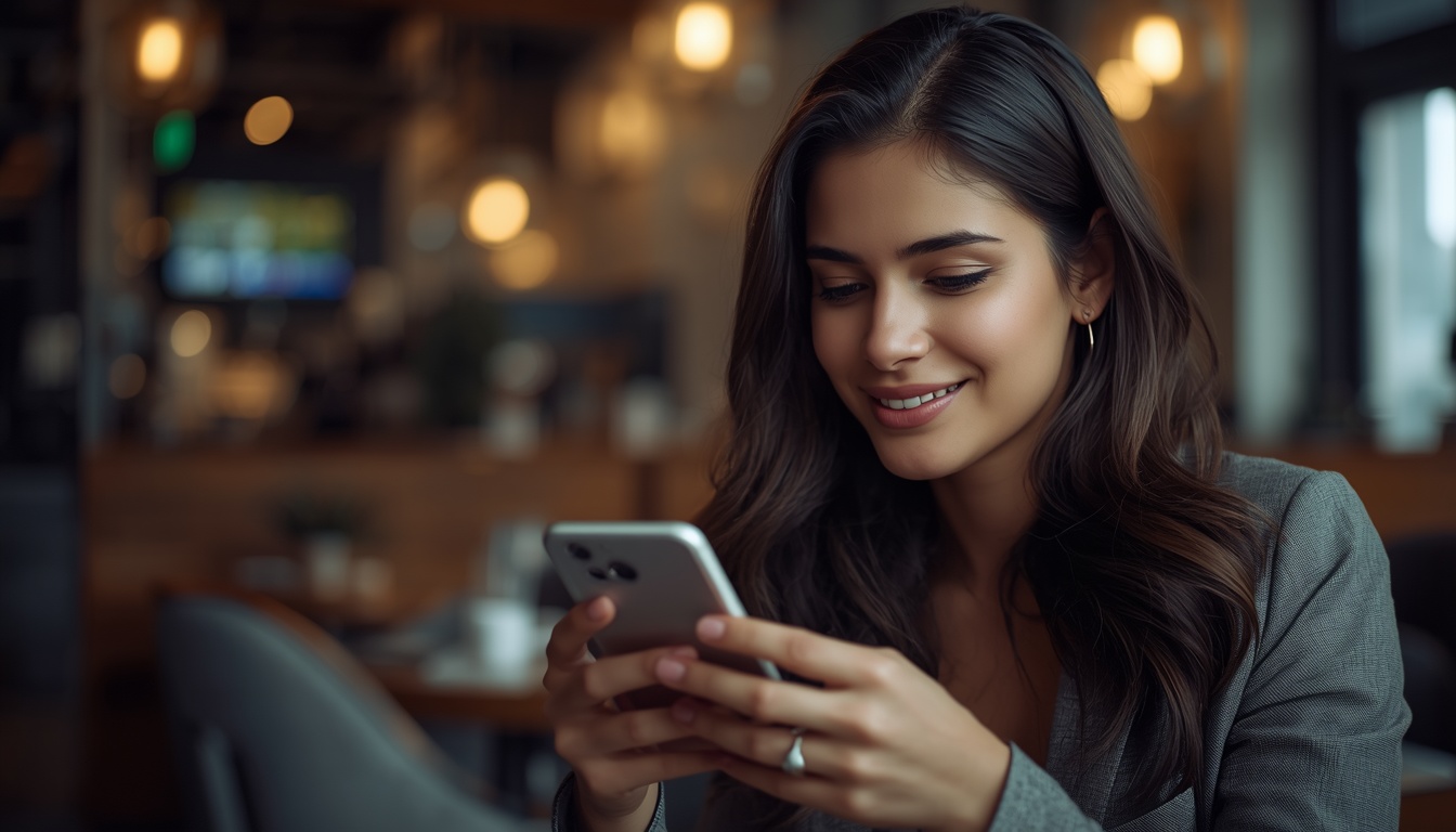 Mulher sorrindo em um ambiente iluminado enquanto mexe no celular.