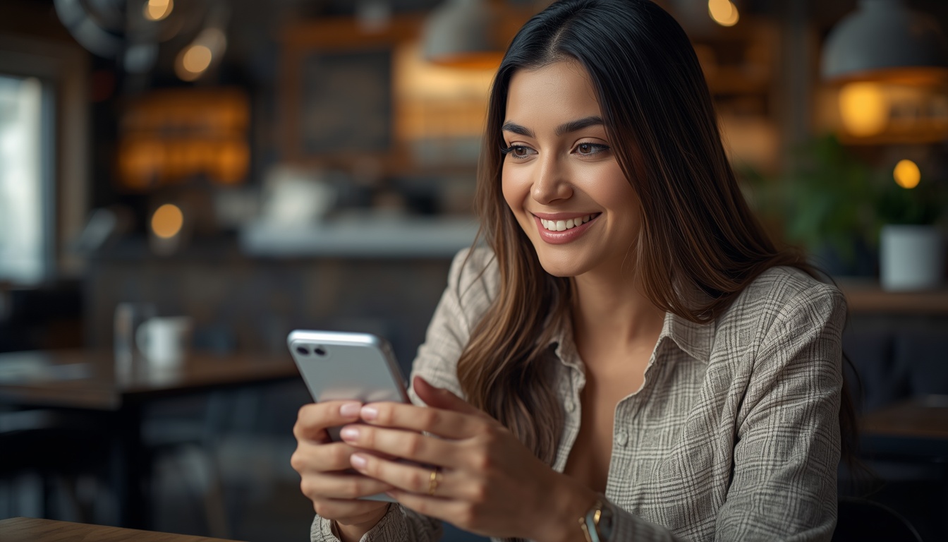 Mulher loira sorrindo enquanto usa o celular em um ambiente interno.