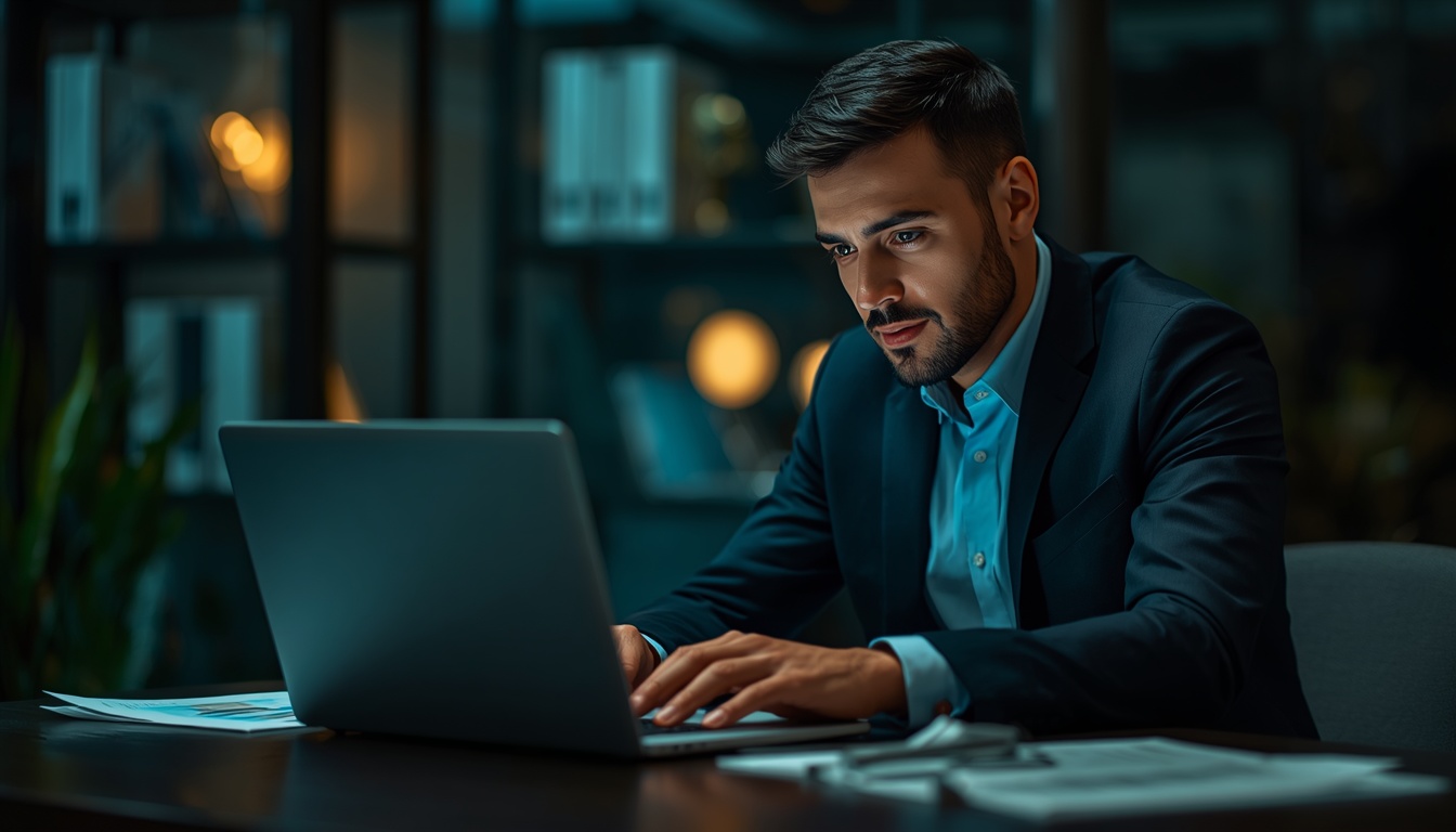 Homem focado trabalhando no notebook em um escritório com iluminação aconchegante à noite.
