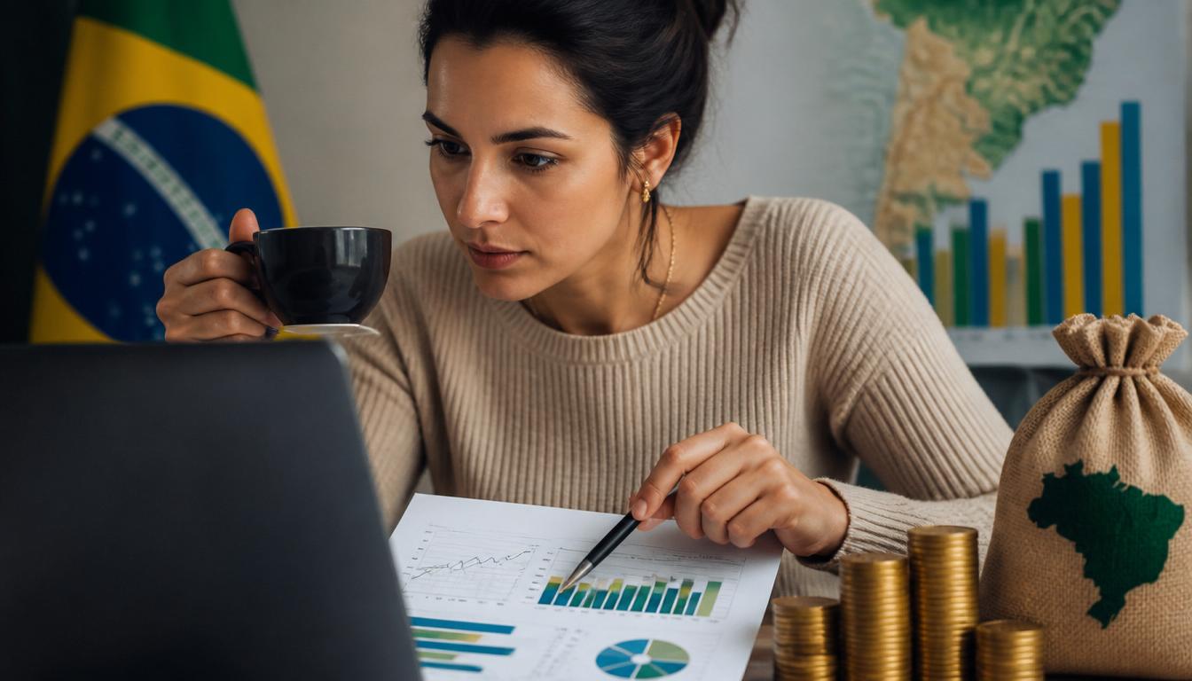 jovem moça tomando café e olhando grágicos na papel e computador
